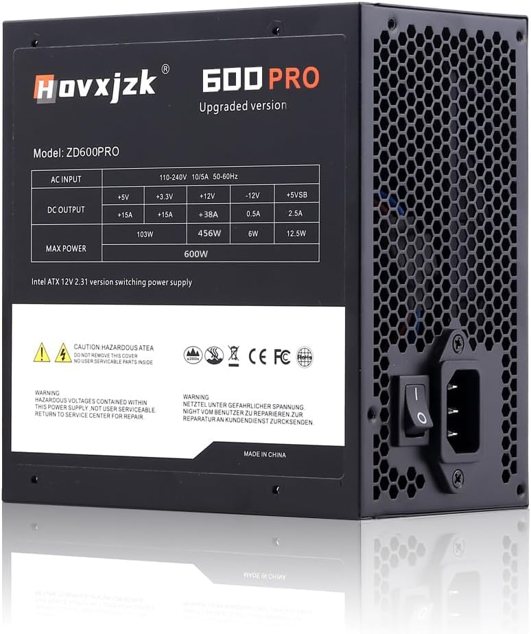 Hovxjzk Gaming 600W Power Supply PC PSU, 80 Plus Bronze Certified,APFC Switching Power Supply, 5 Year Warranty