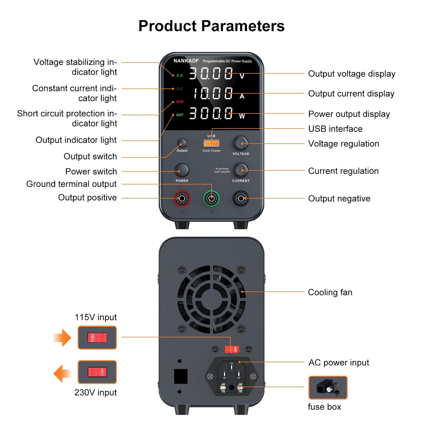 DC Power Supply Variable, Bench Power Supply with Encoder Adjustment Knob, Output Enable/Disable Button, Adjustable Power Supply with USB Quick-Charge, Short Circuit Alam (30V 10A Black)