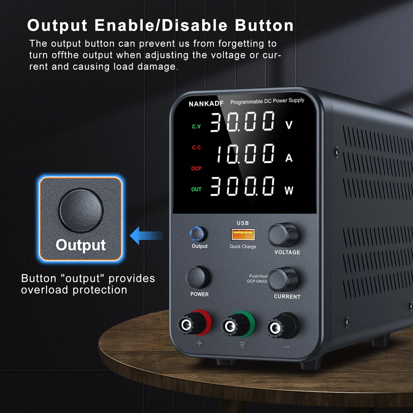 DC Power Supply Variable, Bench Power Supply with Encoder Adjustment Knob, Output Enable/Disable Button, Adjustable Power Supply with USB Quick-Charge, Short Circuit Alam (30V 10A Black)