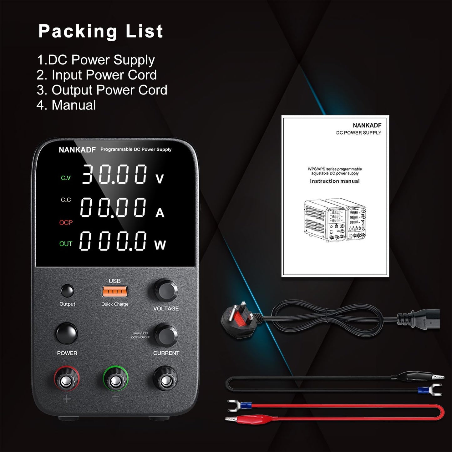 DC Power Supply Variable, Bench Power Supply with Encoder Adjustment Knob, Output Enable/Disable Button, Adjustable Power Supply with USB Quick-Charge, Short Circuit Alam (30V 10A Black)