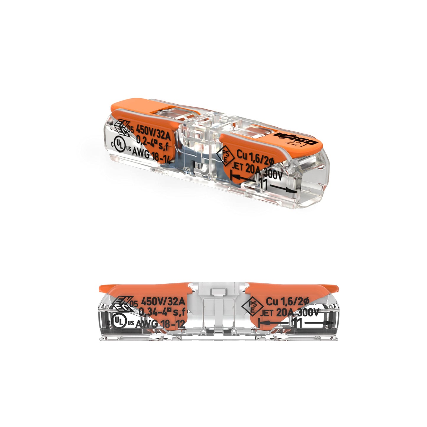 221-2401 | WAGO Lever-Nuts® Inline Splicing Connector | for Solid and Stranded Conductors | 2-Conductor with Operating levers | 24-12 AWG | Transparent housing | White Cover | [Bag of 2500 Pieces]