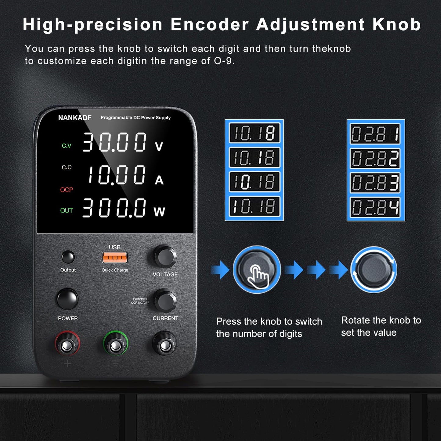 DC Power Supply Variable, Bench Power Supply with Encoder Adjustment Knob, Output Enable/Disable Button, Adjustable Power Supply with USB Quick-Charge, Short Circuit Alam (30V 10A Black)