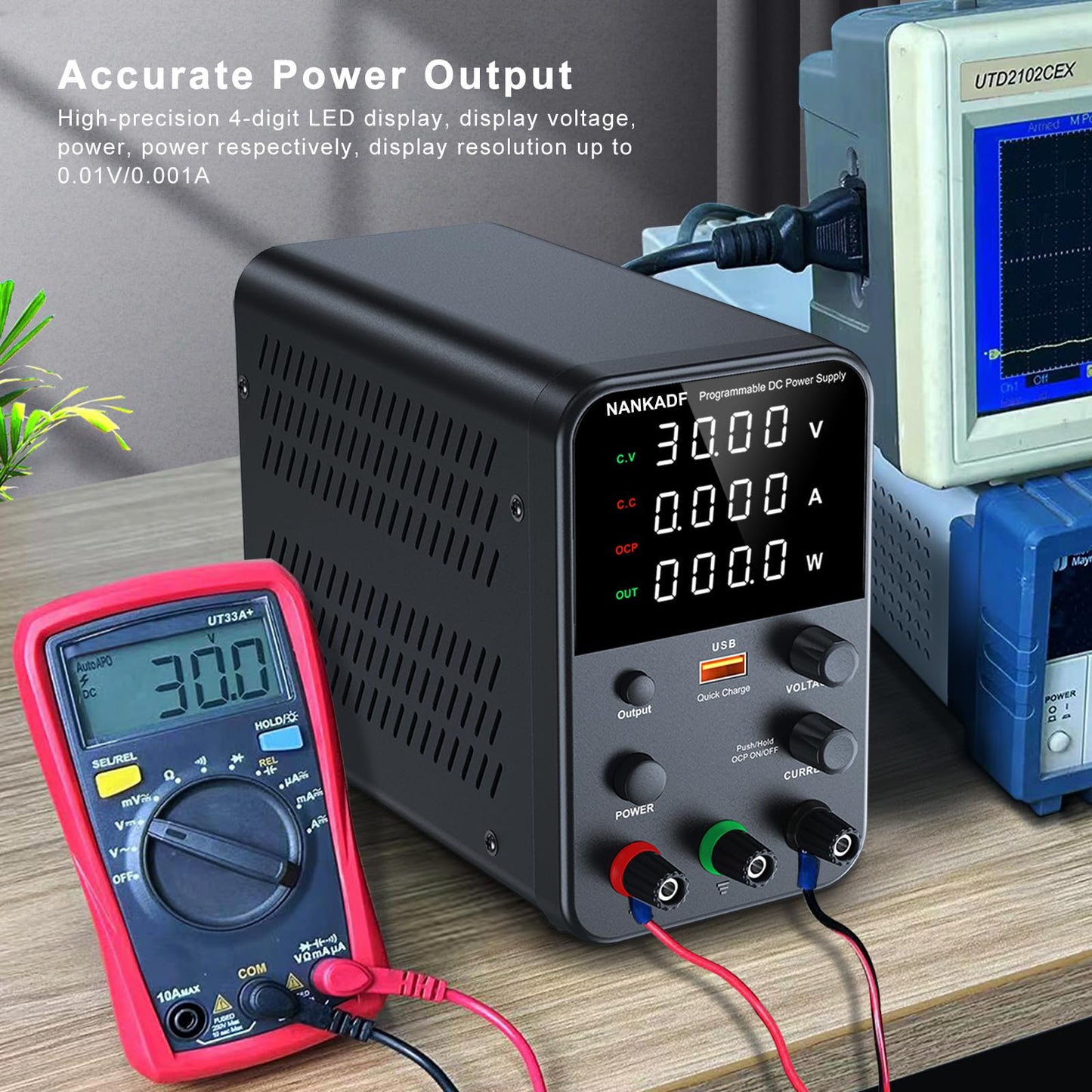 DC Power Supply Variable, Bench Power Supply with Encoder Adjustment Knob, Output Enable/Disable Button, Adjustable Power Supply with USB Quick-Charge, Short Circuit Alam (30V 10A Black)