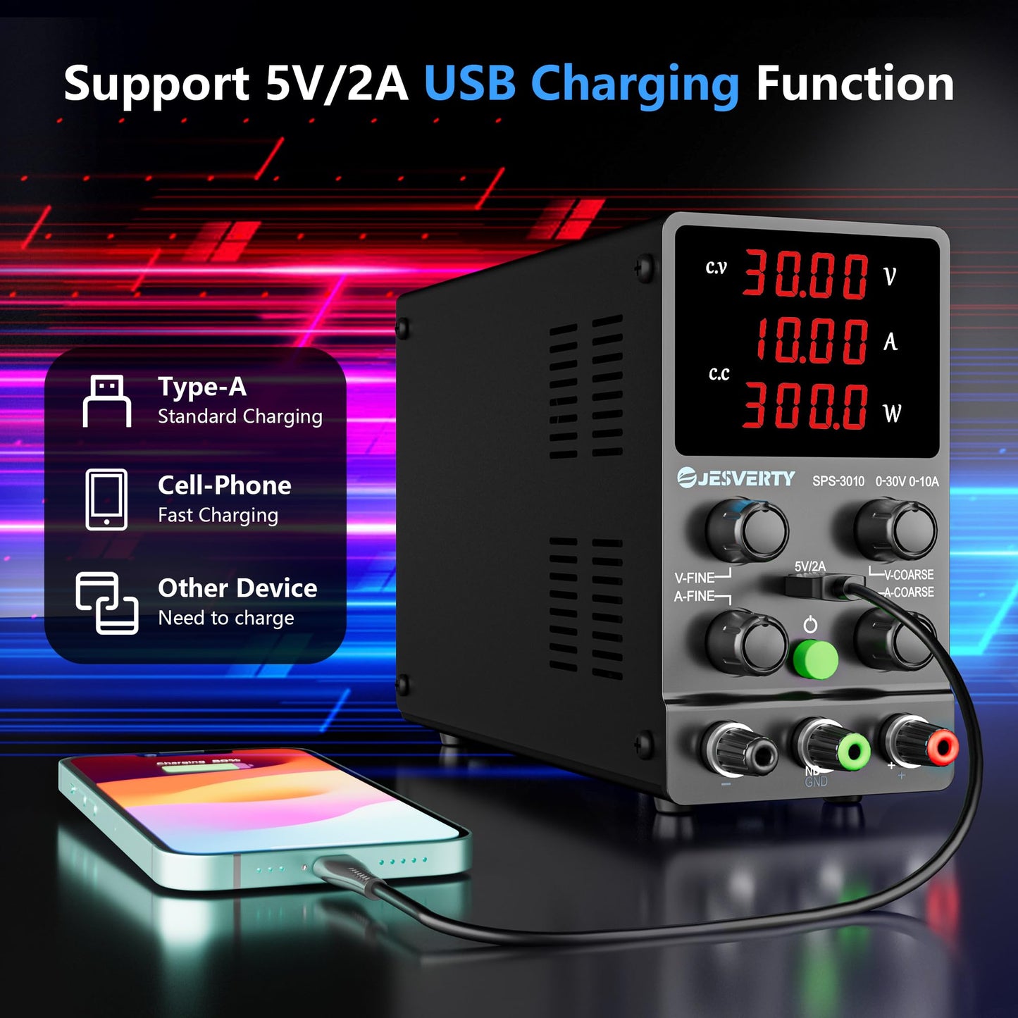 Jesverty DC Power Supply Variable, 0-30V 0-10A Adjustable Switching DC Regulated Bench Power Supply with High Precision 4-Digit LED Display, 5V/2A USB Port, Coarse and Fine Adjustment SPS-3010