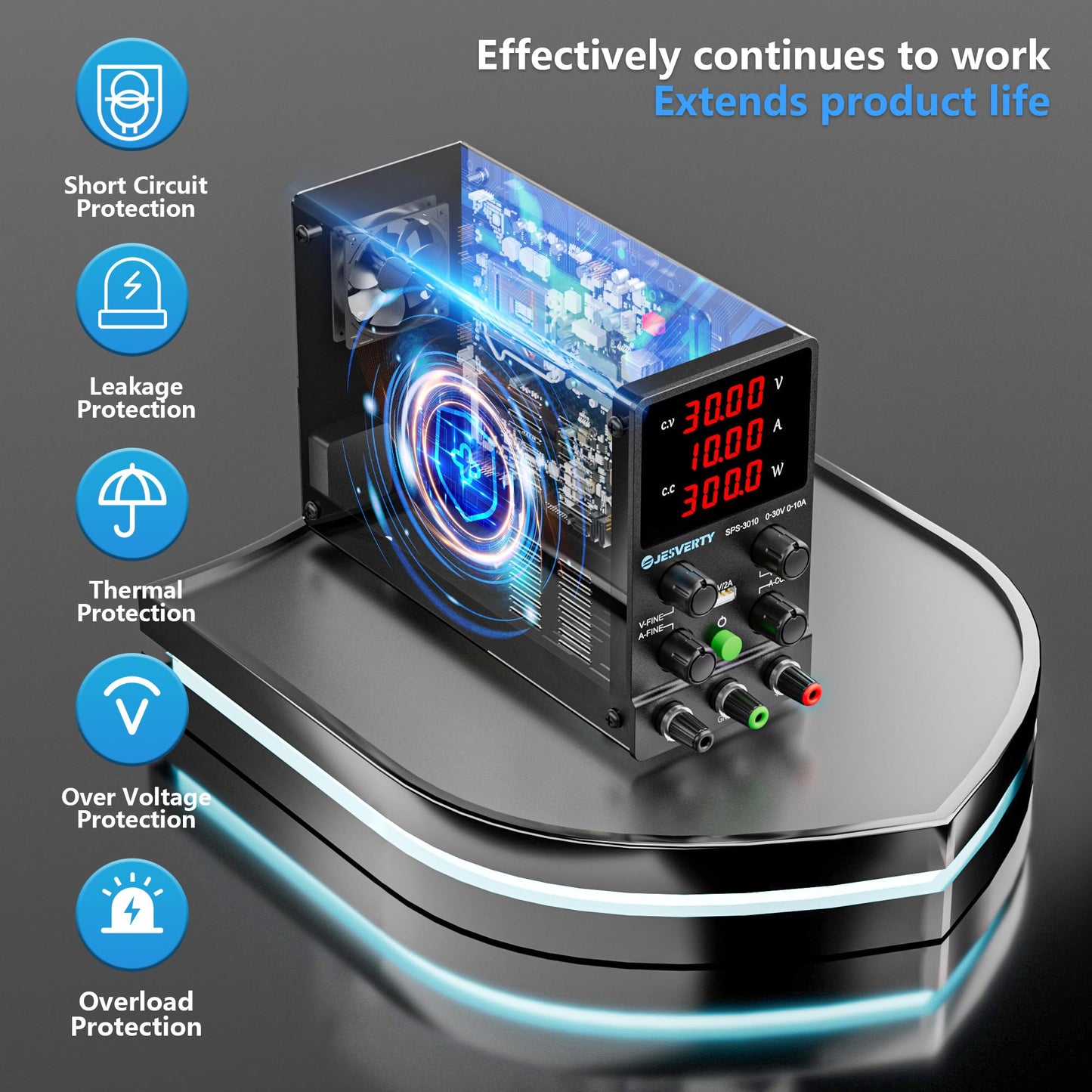 Jesverty DC Power Supply Variable, 0-30V 0-10A Adjustable Switching DC Regulated Bench Power Supply with High Precision 4-Digit LED Display, 5V/2A USB Port, Coarse and Fine Adjustment SPS-3010