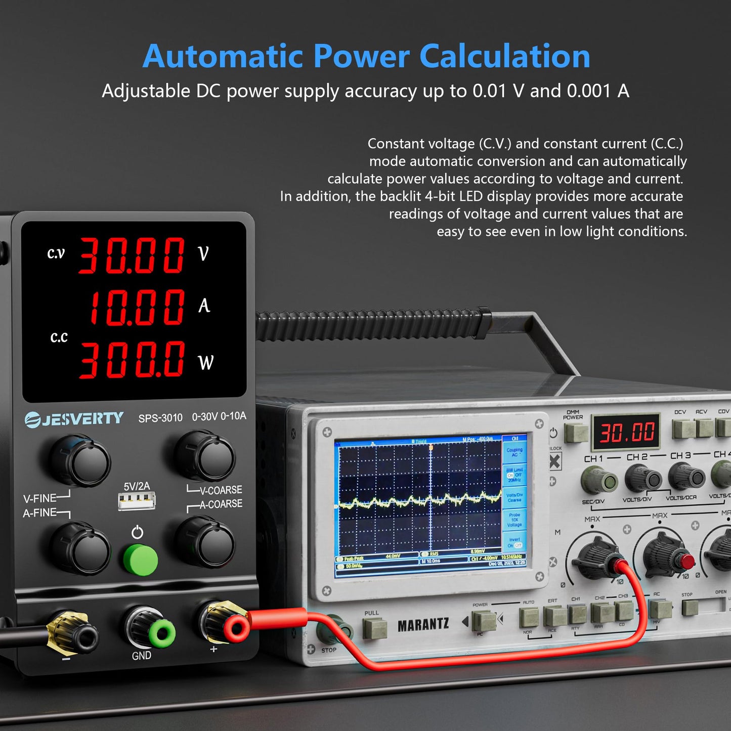 Jesverty DC Power Supply Variable, 0-30V 0-10A Adjustable Switching DC Regulated Bench Power Supply with High Precision 4-Digit LED Display, 5V/2A USB Port, Coarse and Fine Adjustment SPS-3010