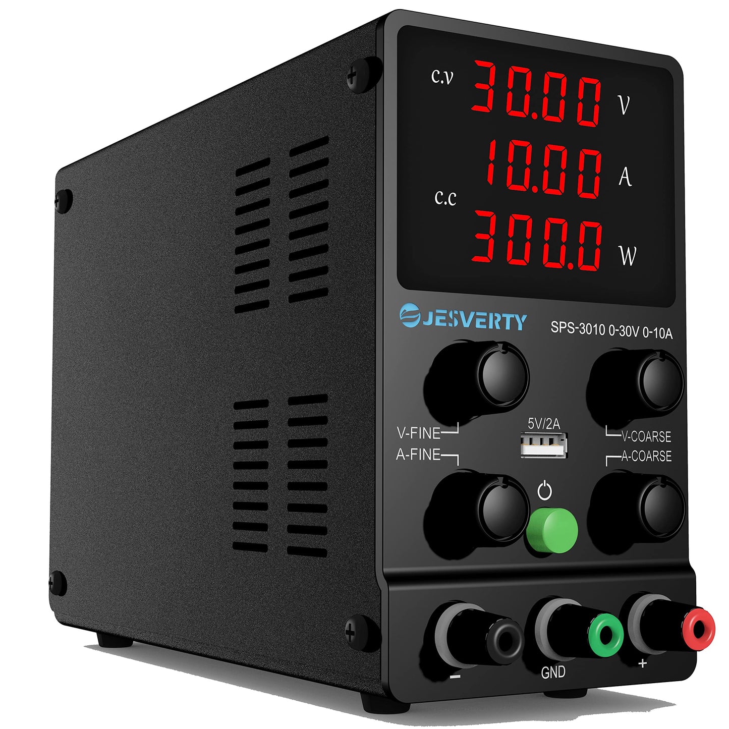 Jesverty DC Power Supply Variable, 0-30V 0-10A Adjustable Switching DC Regulated Bench Power Supply with High Precision 4-Digit LED Display, 5V/2A USB Port, Coarse and Fine Adjustment SPS-3010