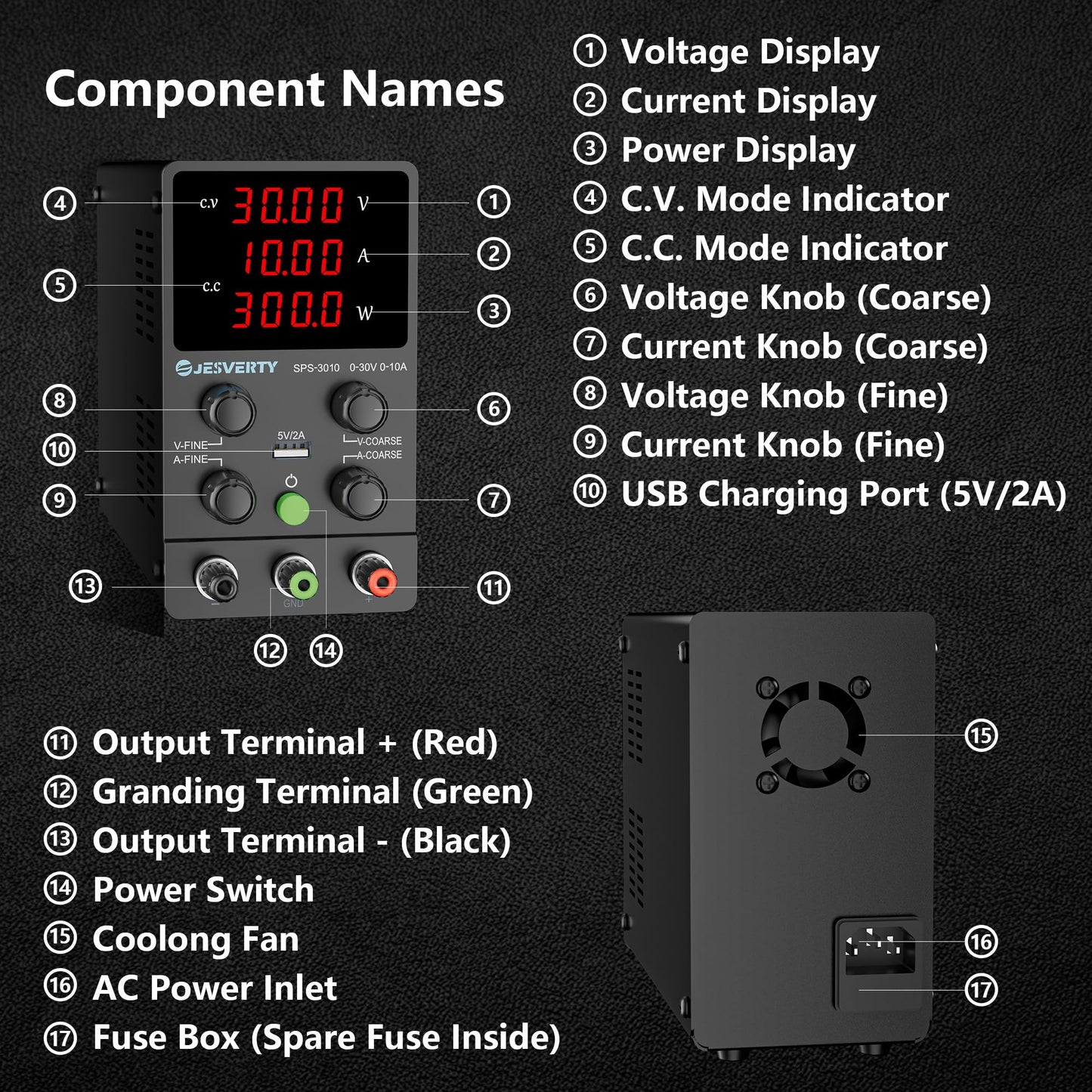 Jesverty DC Power Supply Variable, 0-30V 0-10A Adjustable Switching DC Regulated Bench Power Supply with High Precision 4-Digit LED Display, 5V/2A USB Port, Coarse and Fine Adjustment SPS-3010